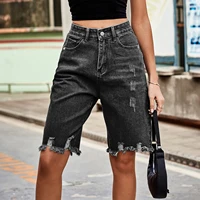 Women’s Ripped Bermuda Denim Shorts Solid Color Casual High Waist Raw Hem Knee Length Jean Shorts Streetwear - Image 4