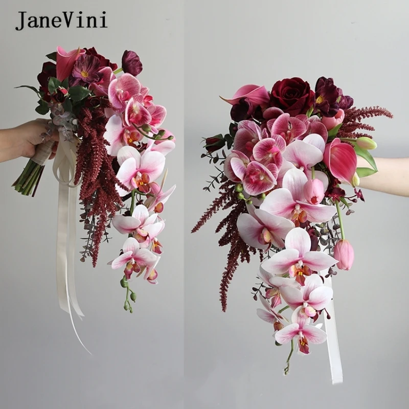 JaneVini Romantic Waterfall Bridal Bouquets Wedding Flowers Artificial Butterfly Orchid Cascading Bouquet Accessories for Bride