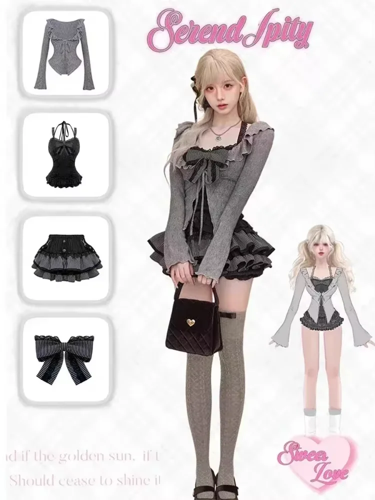 Autumn New Japanese Sweet Lolita Outfits 3 Piece Set Women Casual Knitted Cardigan+ Sexy Slim Lace  Vest Tops+ High Waist Shorts