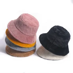Winter Outdoor Vacation Lady Solid Thickened Soft Keep Warm Fishing Cap Faux Fur Rabbit Bucket Hat Women Hairy Hats Harajuku
