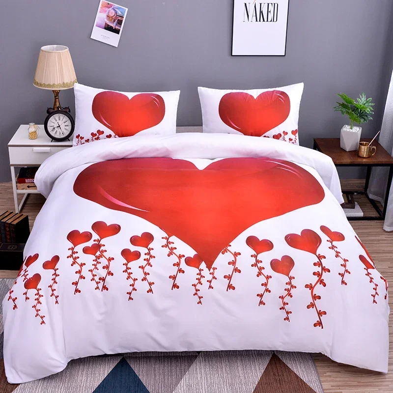 Room Decor Home Bedding Sets 2/3pcs Red Heart Printing Queen Size Pillowcase Duvet Cover Set Polyester Bedclothes