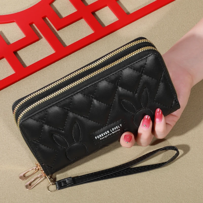 Elegant Faux Leather Women's Wallet: Solid Color Clutch with Double Zippers and Wristband