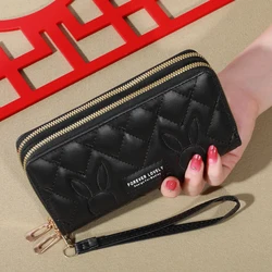 Elegant Faux Leather Women's Wallet: Solid Color Clutch with Double Zippers and Wristband (Black)