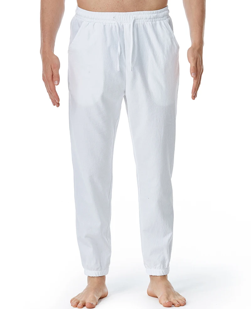 

Men's Cotton Linen Pants Summer Solid Color Breathable Linen Trousers Male Casual Elastic Waist Fitness Pants