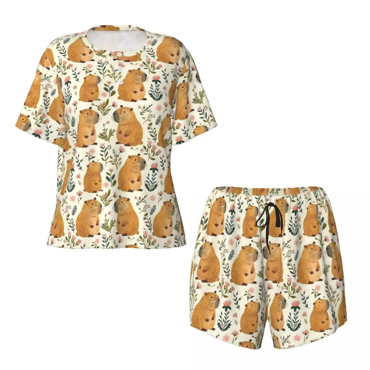 Cute Capybara Art Pajamas Animal Room O Neck Sleepwear Women 2 Piece Short Sleeve Fashion Pajamas Set