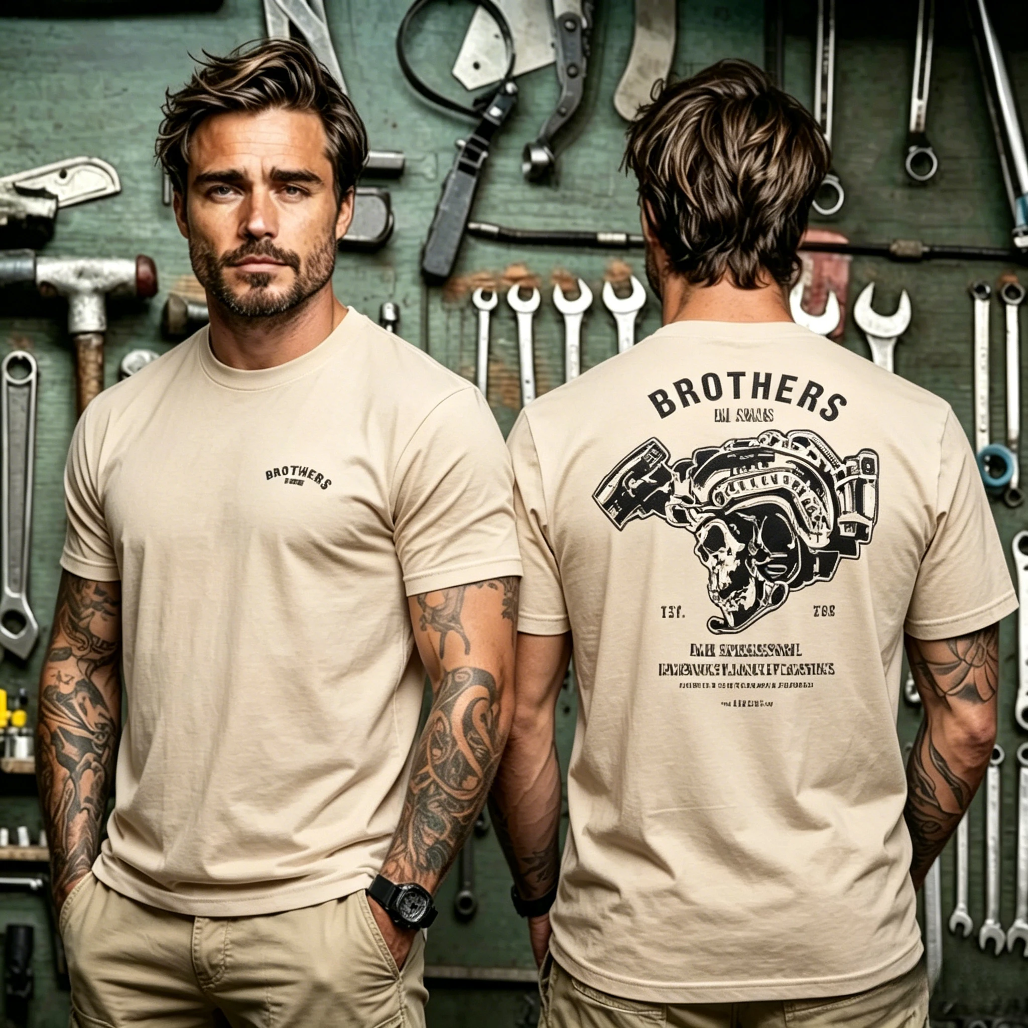 Vintage Skelett-Grafik Baumwoll-T-Shirt „Brothers in Arms Mechanic“-Print Retro Streetwear Lässiges Unisex Alltags-Oberteil