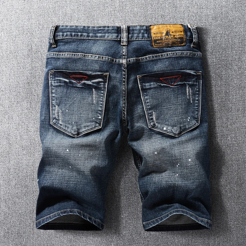 Summer Fashion Designer Men Jeans Retro Black Blue Elastic Embroidery Ripped Short Jeans Homme Vintage Casual Denim Shorts Men