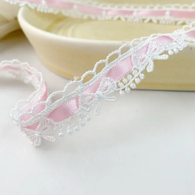 Pink & White Flower Bow Ribbon - 1.8cm Wide Lace Trim for Crafts & Decoration, 1 Yard
