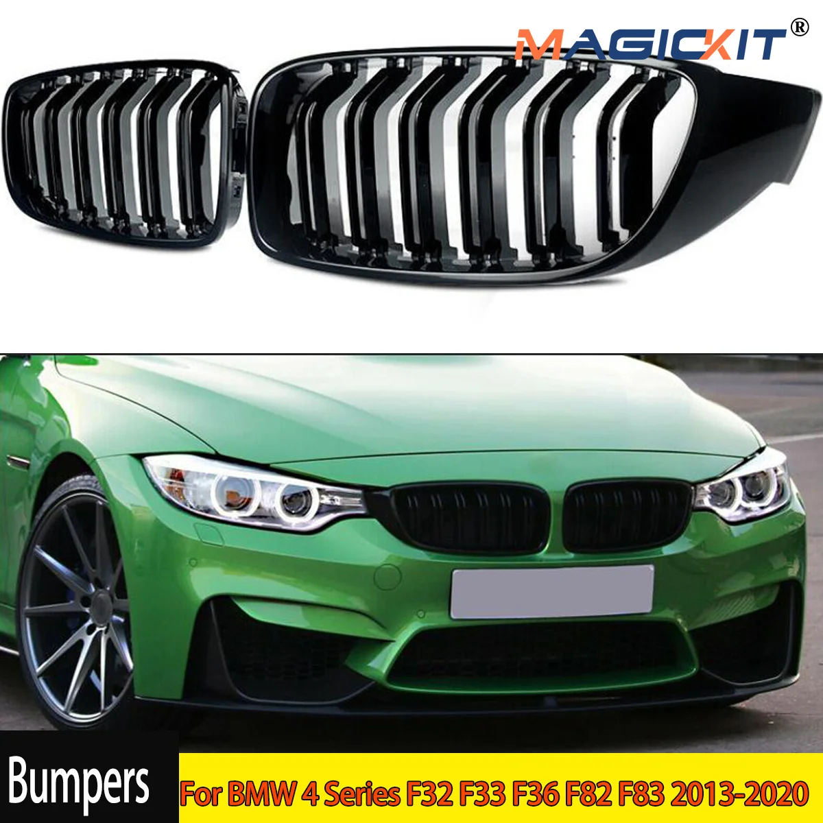 Front Kidney Grille For BMW 4-Series & M3 - Glossy Black With M Colors, Direct OEM Replacement