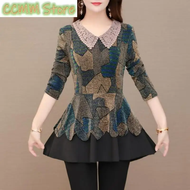 

New Vintage Women Midi T-Shirts Spring Autumn Female Doll Neck Long Sleeve Elegant Fashion Big Size Pullover Slim Tops