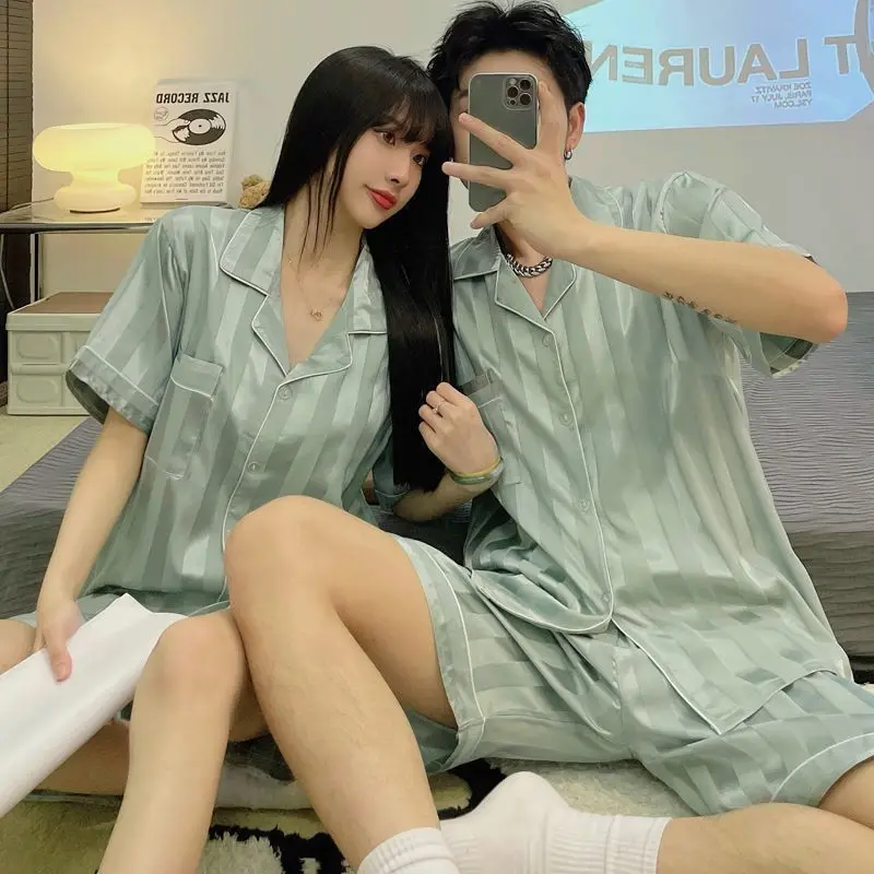 Summer Couple Sleepwear Two Sets (Buy One Get One Free) Pajamas Sets Short Sleeve Cardigan Shorts Silk Homewear Nightwear Suits