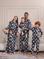 2024 New Halloween Party Mom Dad Kids Matching Outfits Skull Print Zipper Hooded Romper Jumpsuits Soft Sleepwear Family Look Pjs 1
