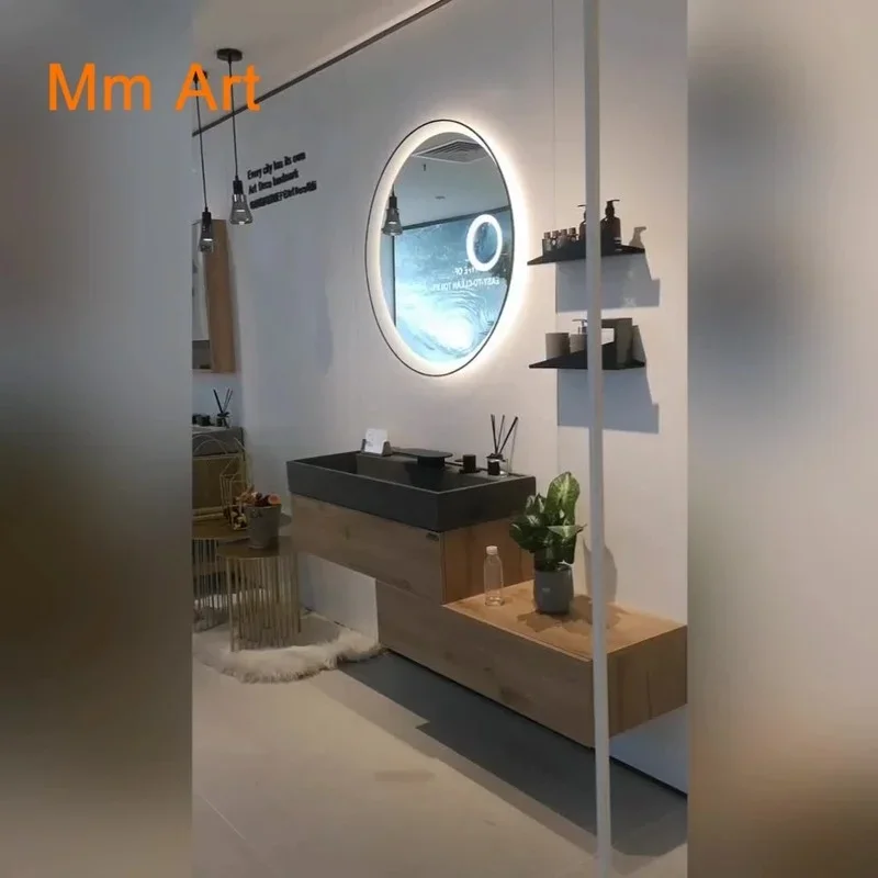 modern style bathroom vanity cabinets with wood veneer with grey cement Basin and bathroom basin cabinet vanity