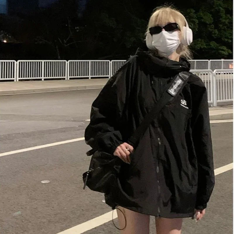 Deeptown 여성용 방수 후드 재킷, 퓨어 컬러 지퍼 테크웨어, 한국인 리뷰 많은 옷,바람막이 한국 패션, Y2k 의류, 트렌치 코트, 가을,하라주쿠,한국 동대문 겨울 