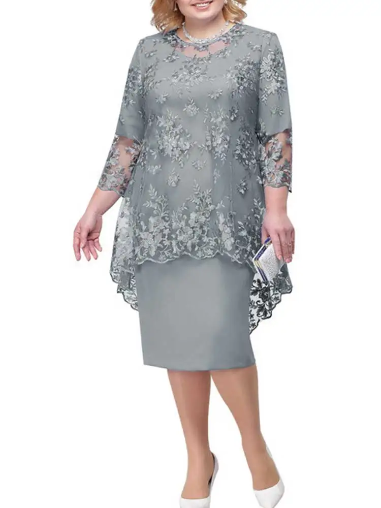 2026 Women Dress O-neck Midi Loose Dress S-8XL Lady Evening Lace Mesh Sexy Elegant Dress Female Clothing Summer Autumn 2