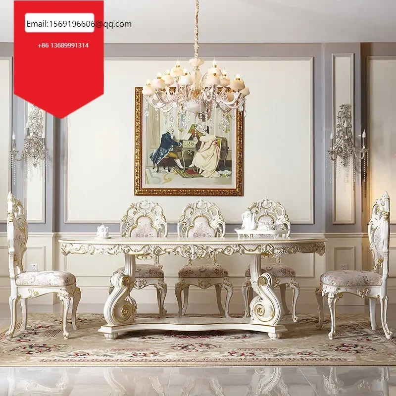 

French court furniture, solid wood painted table, European hand-carved table and chair combination