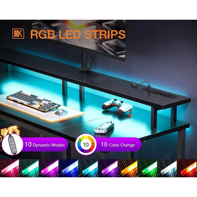 48 Inch Game Table Belt LED Lamp and Power Socket,Computer Desk with Monitor Stand and Storage Knife,CPU Bracket,Home Desk,Black 3
