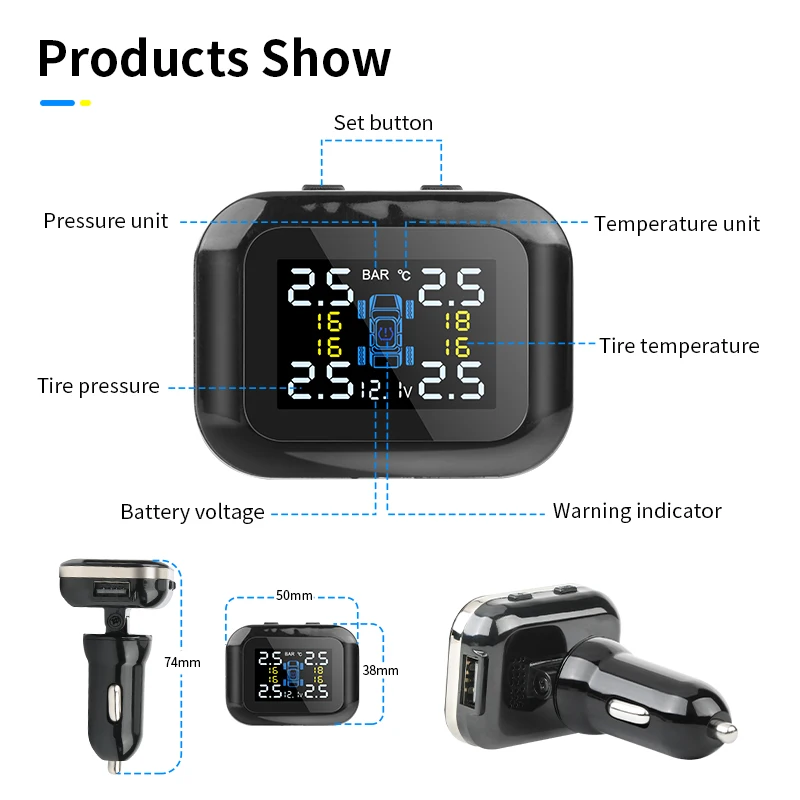 Car TPMS Cigarette lighter Tire Pressure Monitoring System Sensors Adjustable Display Angle Auto Security Alarm Pressure