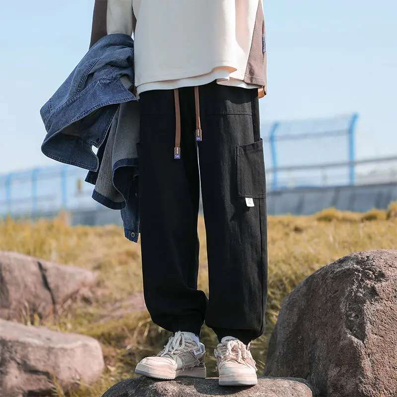 Korean Spring Men's Spliced Pockets Solid Color Loose Breathable Casual Drawstring Elasticized High Waisted Straight Cargo Pants
