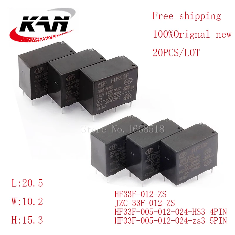 

Free shipping 20pcs relay HF33F-005/012/024-HS3/ZS3/ZS HF33F-012-HS3 5VDC 12VDC 24VDC 5A 250VAC 4PIN/5PIN Original New