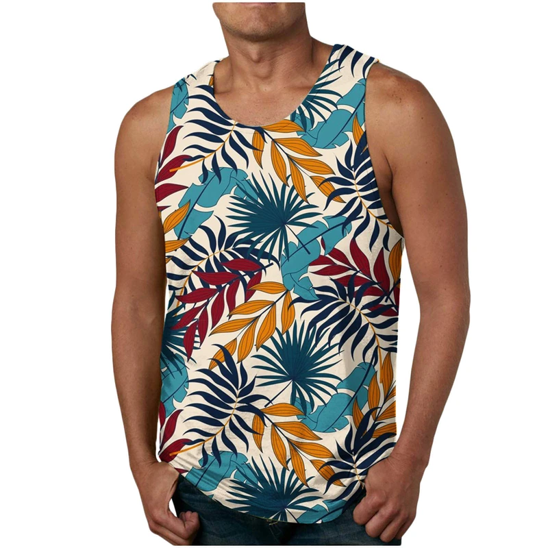 

3D Palm Leaves Graphic Tank Top Gym Clothing Men Summer Streetwear Basketball Surf Vest Quick Drying Sleeveless T-Shirt Y2k Tops