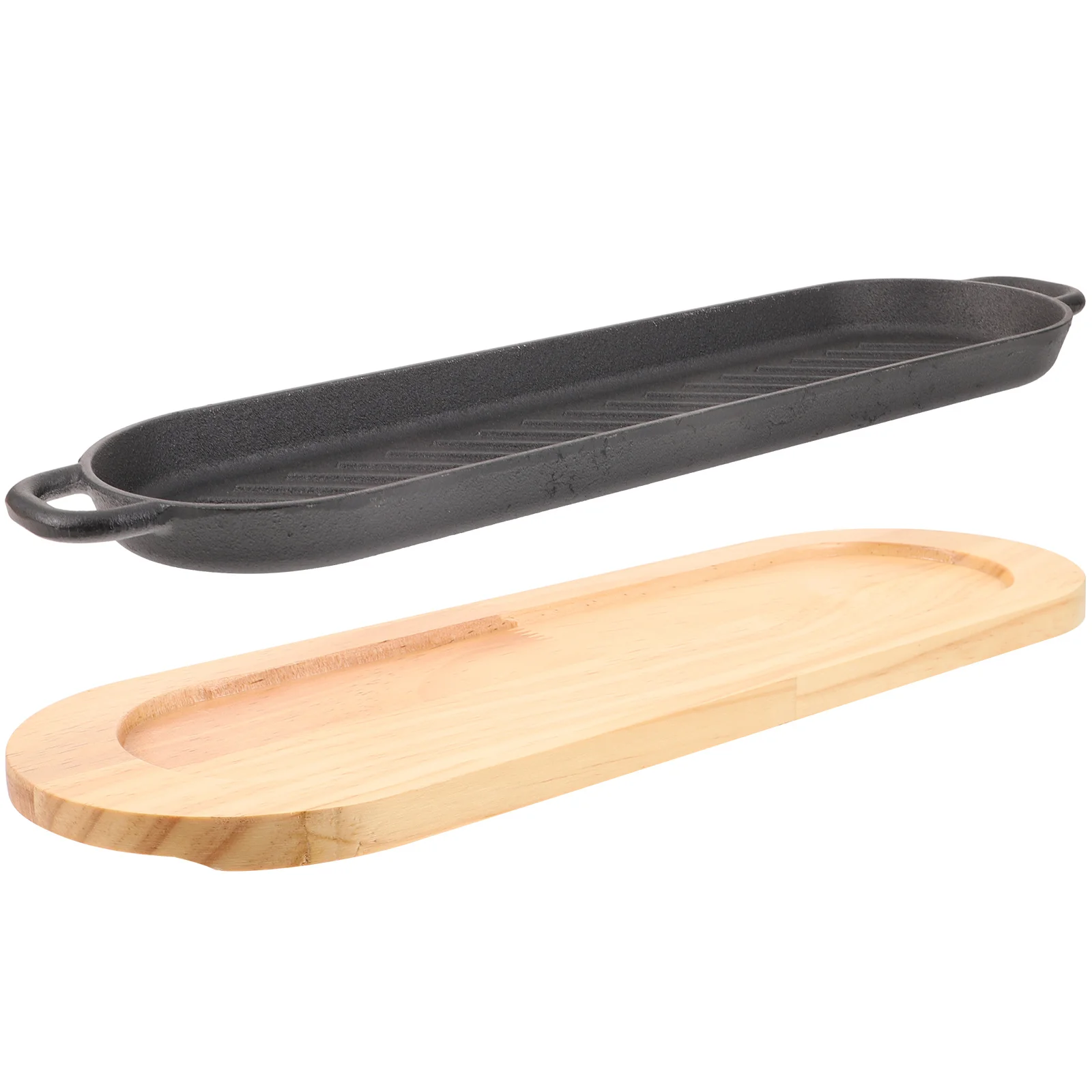 

Steak Griddle Pan Double Ear Steak Grill Plate Bacon Pan with Wooden Base for Home Restaurant