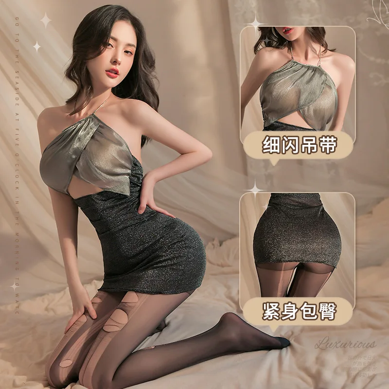 

New Lingerie Sexy Thin and Glittering Halter Nightclub Adult Lady like Woman Sheath Secretary Uniform Suit