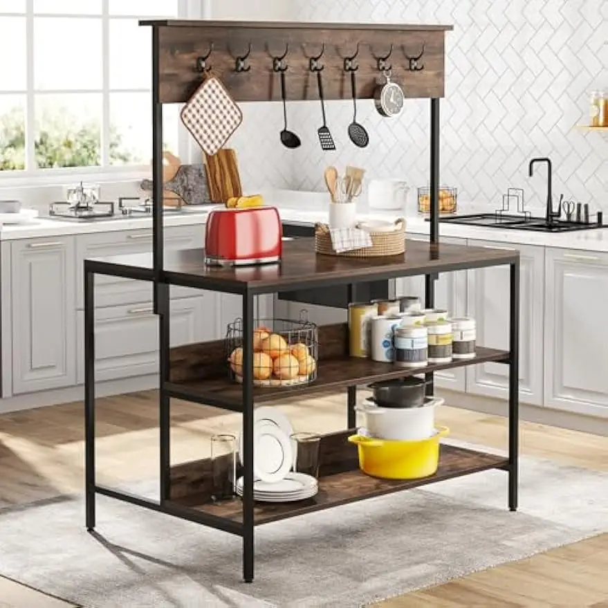Kitchen Island Table with Storage Shelves and Hutch, 3 Tiers Coffee Bar Rack with and 14 Hooks, Dining