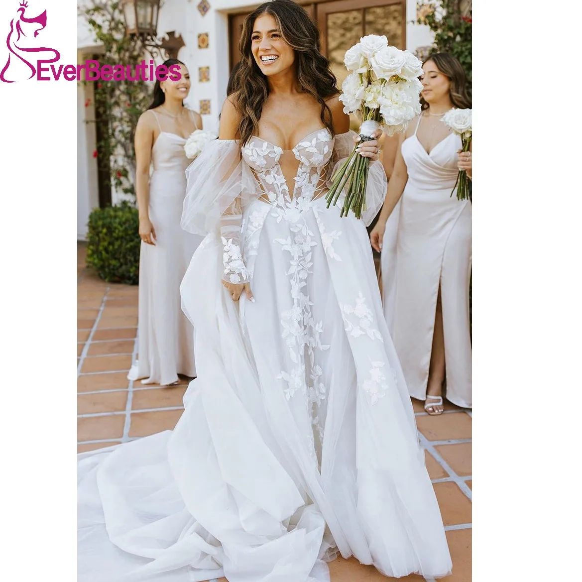 

Vestidos De Novia Boho Wedding Dress 2024 Tulle Lace Robe De Mariee Long Sleeves Beach Wedding Gown for Women