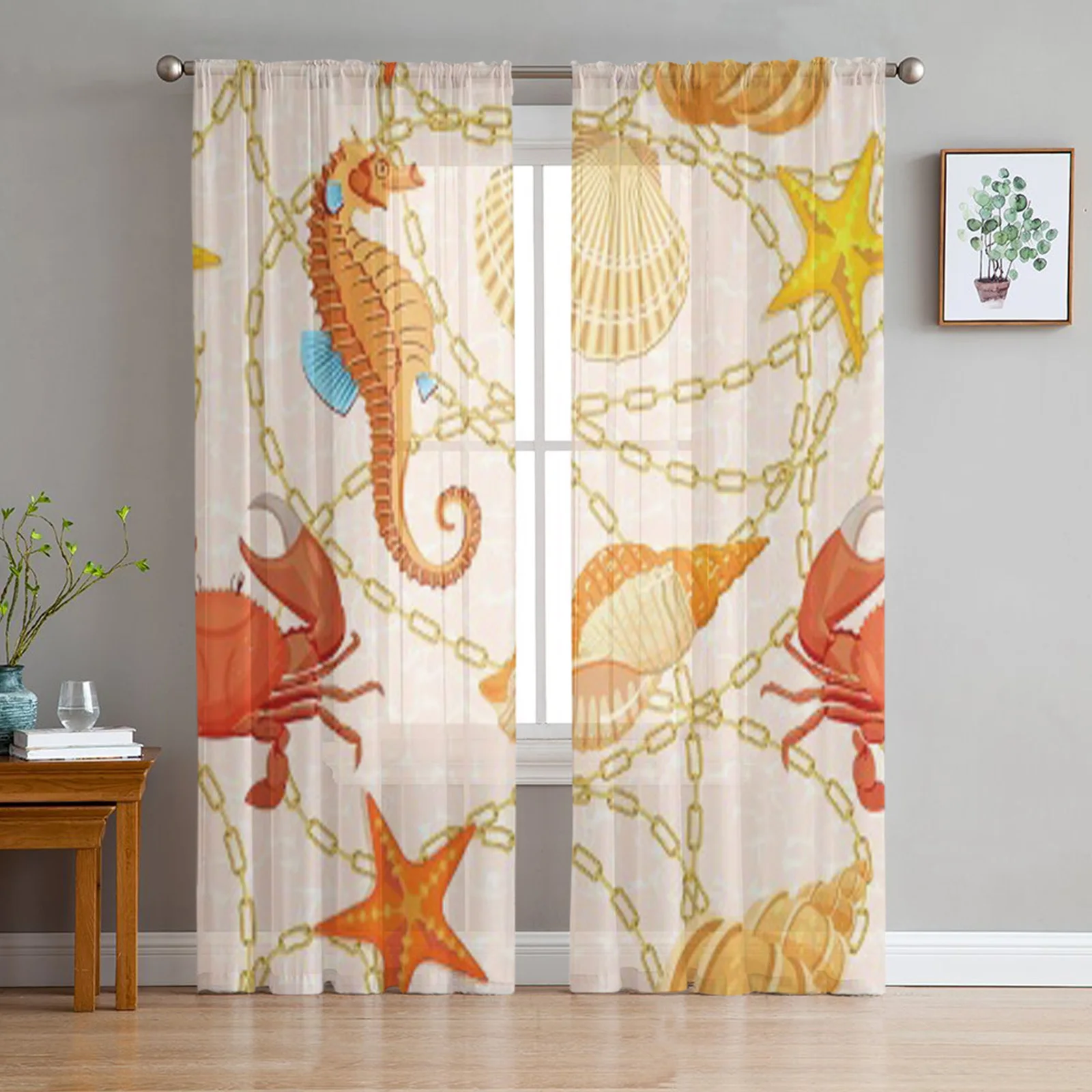 Fishes Corrals Shells Seaweeds Seahorse Underwater Chiffon Sheer Curtains For Living Room Bedroom Window Voiles Tulle Curtain