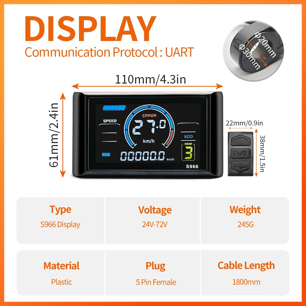 Controlador de Motor de cubo libre para bicicleta eléctrica, controlador de onda sinusoidal a prueba de agua, 17A, 26A, 30A, con pantalla a Color S966, Compatible con Hall y Hall