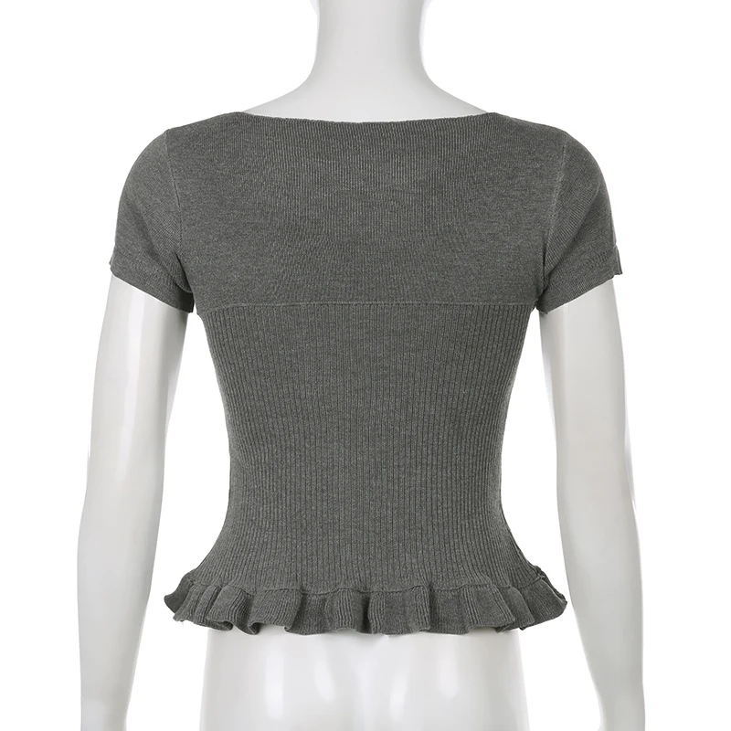 Camiseta elegante para mujer, con retazos de encaje, cuello cuadrado, de punto, dobladillo con volantes, Y2K, color gris