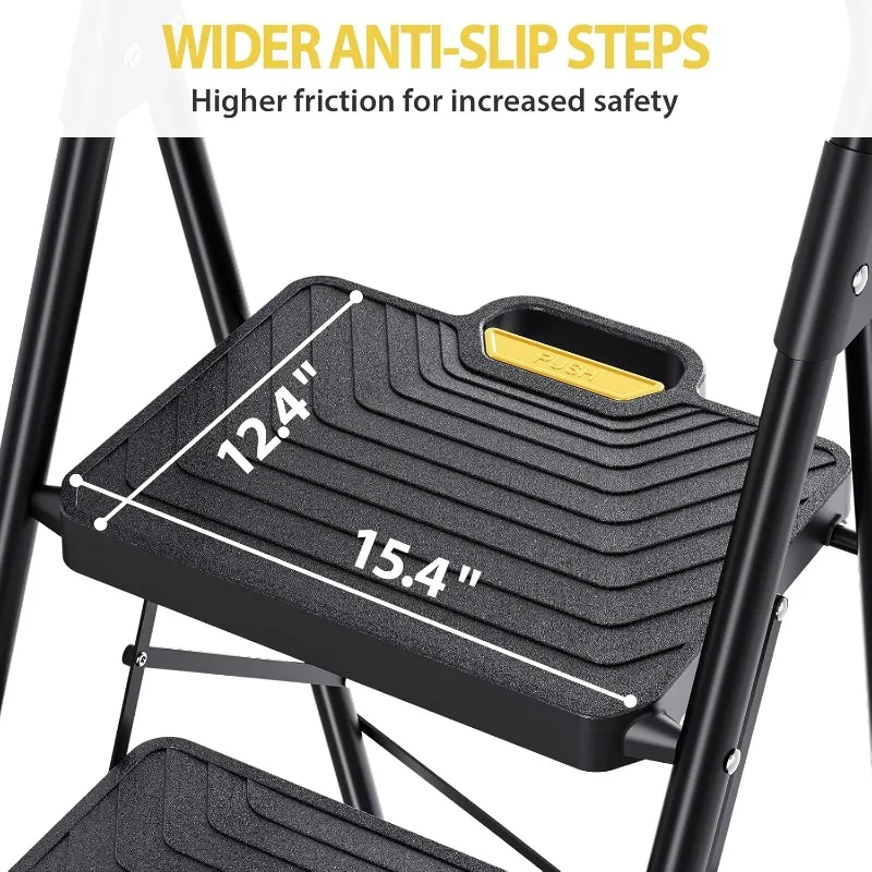 3 Step Ladder, Sturdy Steel Step Stool with Anti-Slip Wide Pedals, Handrail, Safe-Lock Design, Pass 800lbs L 3