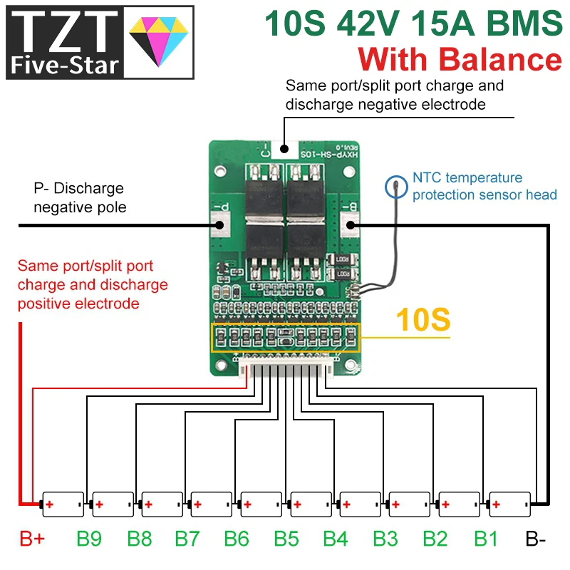 GREATZT 1/3PCS 10S 42V 15A BMS Scheda di Protezione per Batterie al Litio 18650 con Bilanciamento e Controllo Temperatura Integrato