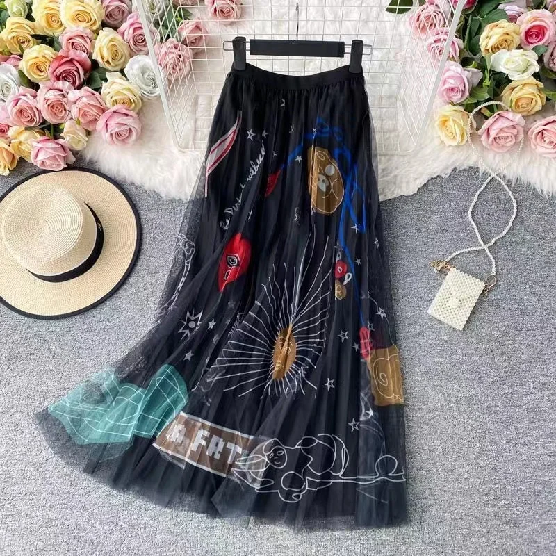 black denim skirt New 5 Colors 88cm Maxi Tulle Skirt Women Korean Style Fashion Beautiful Print A Line High Waist Pleated Long Skirt Female jean skirt Skirts