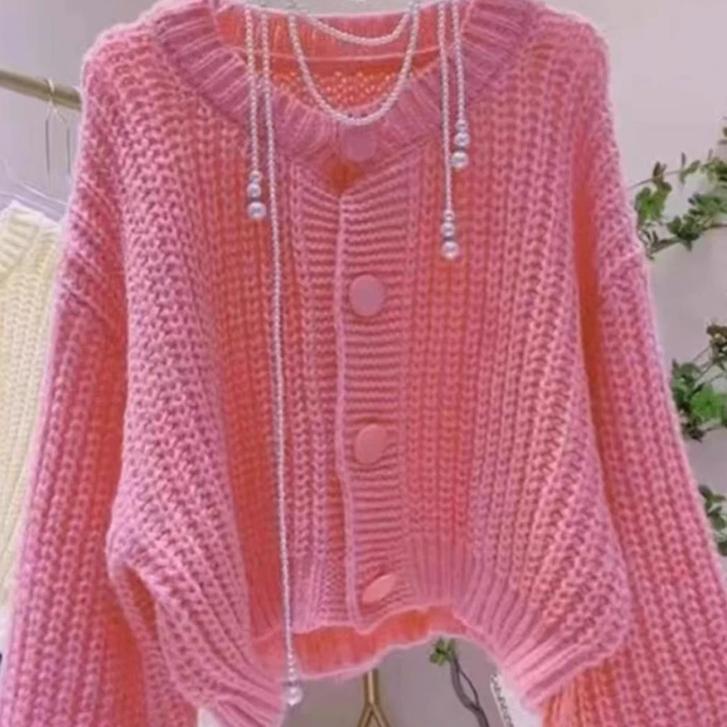 Autumn and Winter New Sweet Round Neck Single-breasted Women's Sweater Cardigan Long-sleeved Casual Top Fashion Women's Clothing