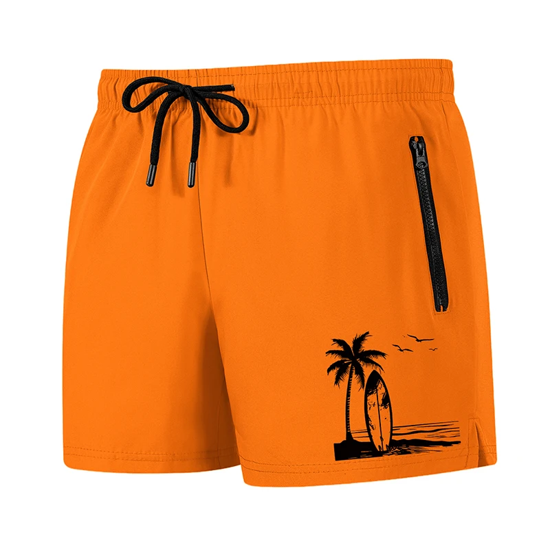 Tropical Surfboard Print Men's Beach Shorts with Mesh Liner and Zipper Pockets