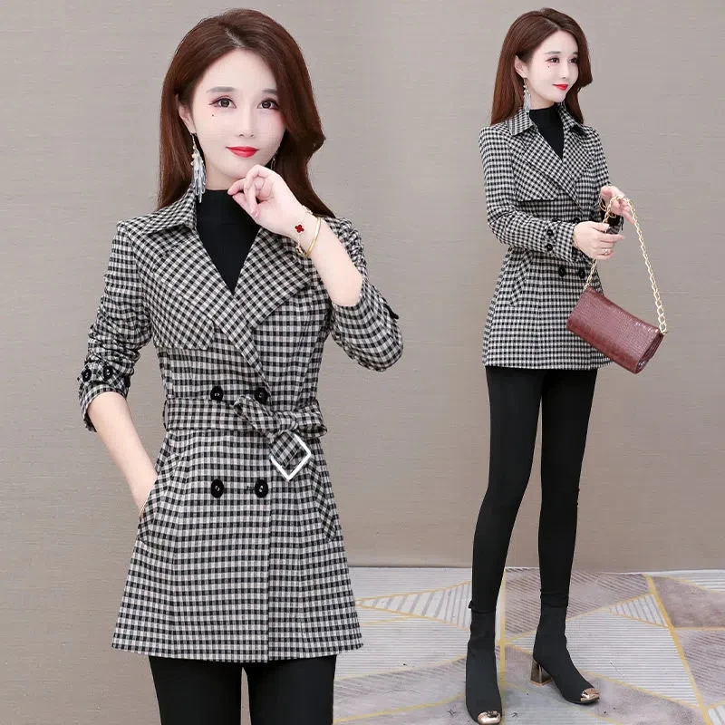 

Trench Coat Women 2022 Spring Autumn New Korean Slim Fashion Plaid Windbreaker Jacket Female Large Size Long Waist Outerwear