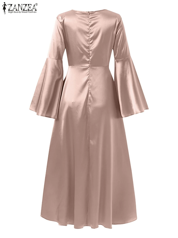 ZANZEA Spring Muslim Women Dress Flare Sleeve O-Neck Solid Abaya Kaftan Sundress Femme Fashion Casual Dubai Abaya Robe 2023