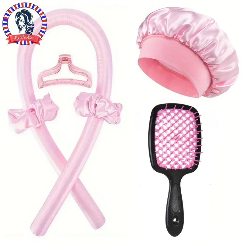Hair Styling Tool Set Pink Satin Heatless Curling Rods + Shower Cap + Vent Brush for Curling Coloring Hair Care 4-in-1 Kit