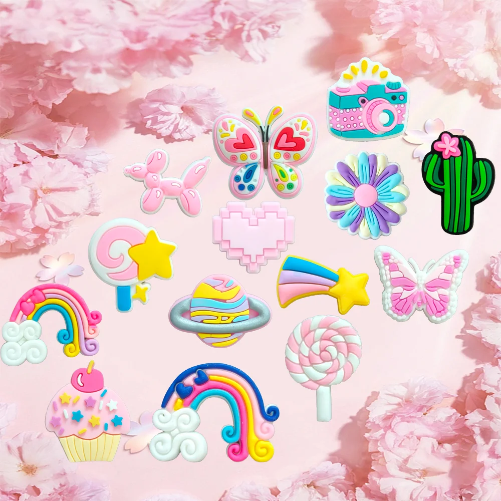 

Cute Cactus Candy Cake Rainbow Flower Butterfly Shoe Charms for Clogs Sandals Decoration Shoe Buckle Accessories