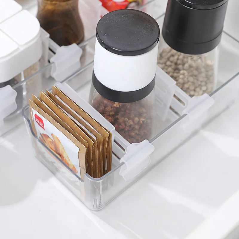 Multi functional storage for home use, expandable and freely adjustable snap on refrigerator compartment clip