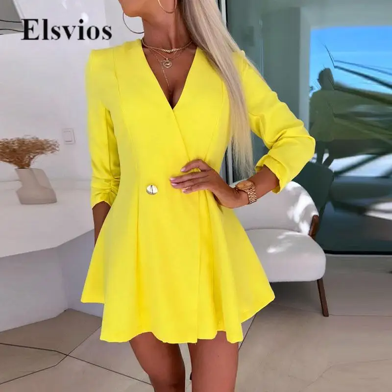 

Fashion Casual Long Sleeve Romper Overalls Sexy V Neck Commuting Solid Jumpsuits Elegant Slim Waist Women A-Line Dress Playsuits