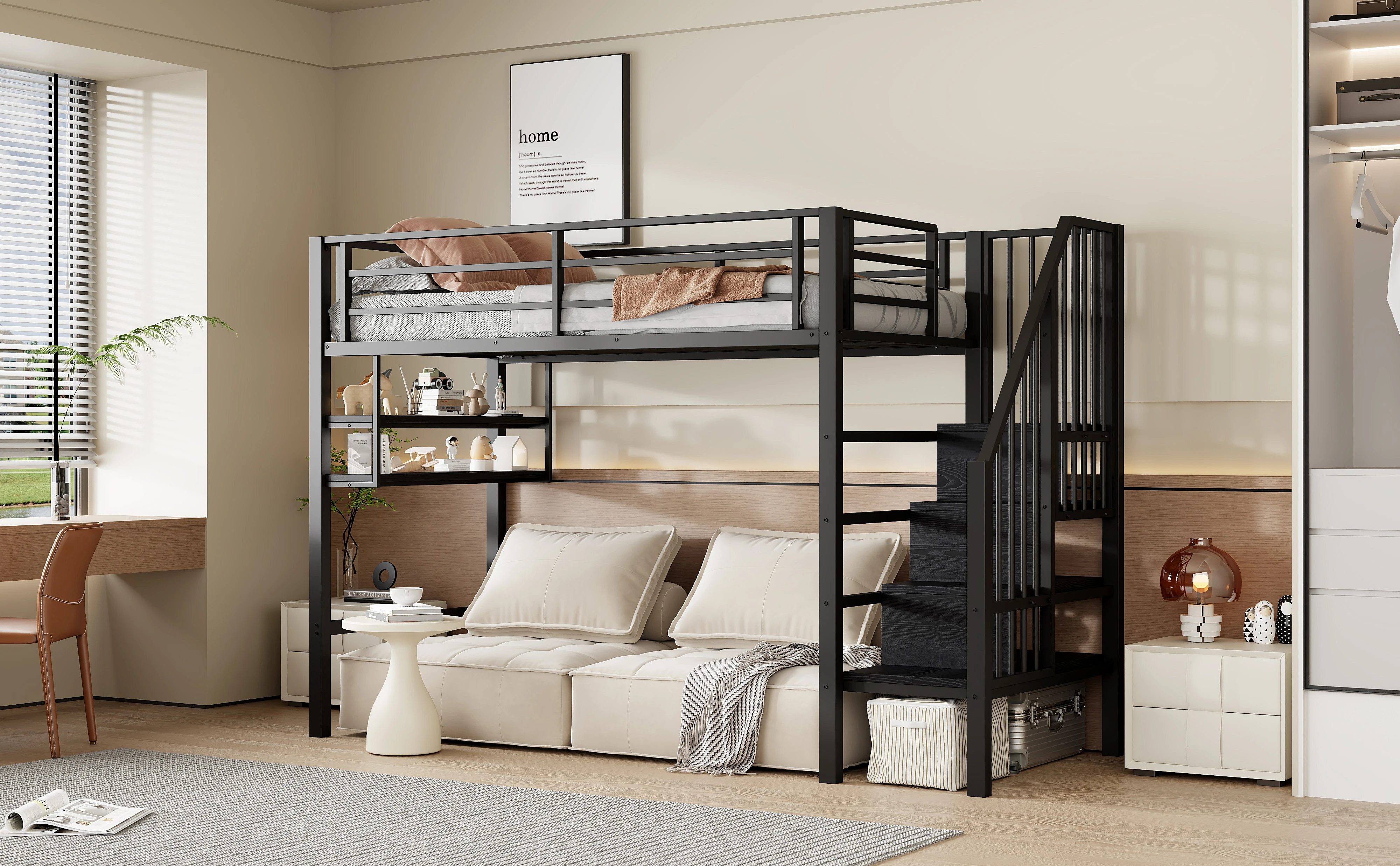 Hochbett, 90*200cm, Regale, Aufbewahrungstreppe, Stauraum unter dem Bett für Verkleidung, Geländer, ohne Matratze, schwarz – Detail 17