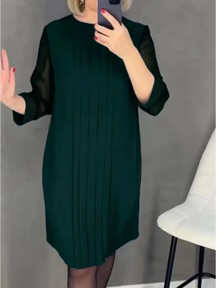 Vestido Plisado, Estampado De Mármol, Pliegues Godet, Cuello Redondo, Manga Larga, Gris Luminoso | Ulla Popken