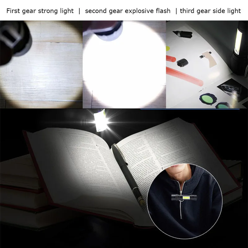 휴대용 LED 손전등 줌 포커스 토치 램프, 충전식 USB 랜턴, COB 내장 배터리, Q5 방수 캠핑 조명