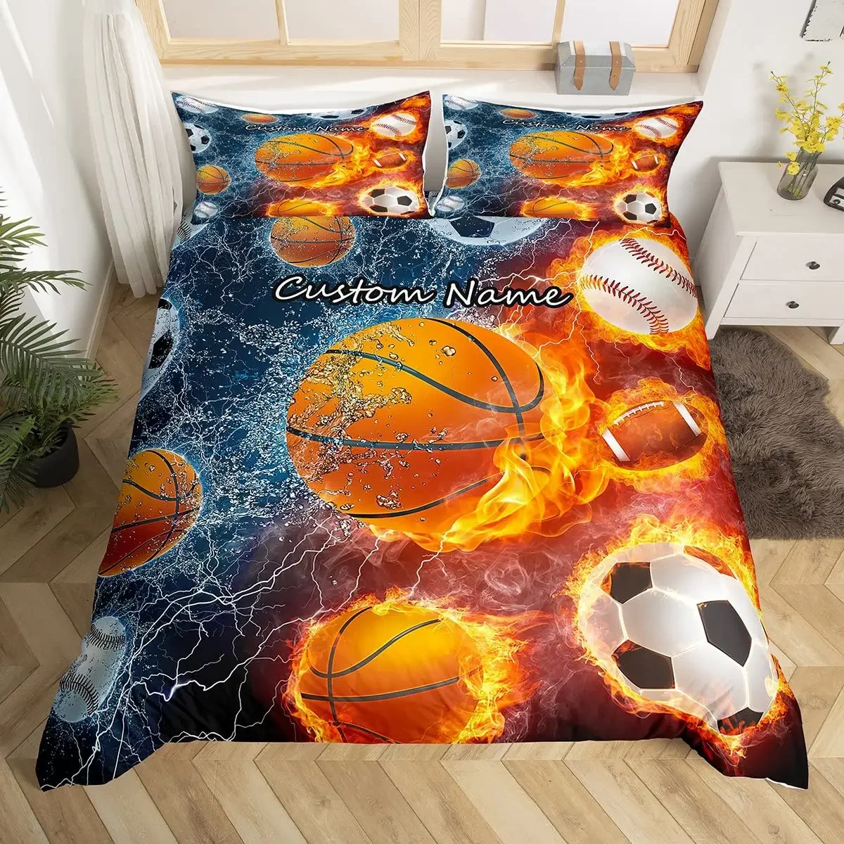 Custom Name Soccer Duvet Cover for Boys Teens Blue Flame Soccer Bedding Set Personalized Sports Comforter Cover Bedroom Decor