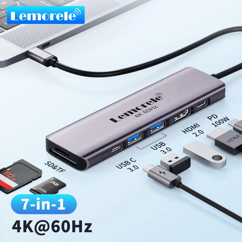 Lemorele TC45 7Port USB to HDMI 4K 60Hz Docking Station USB C HUB Type-C USB Adapter PD100W SD TF For Macbook Air Pro iPad Pro