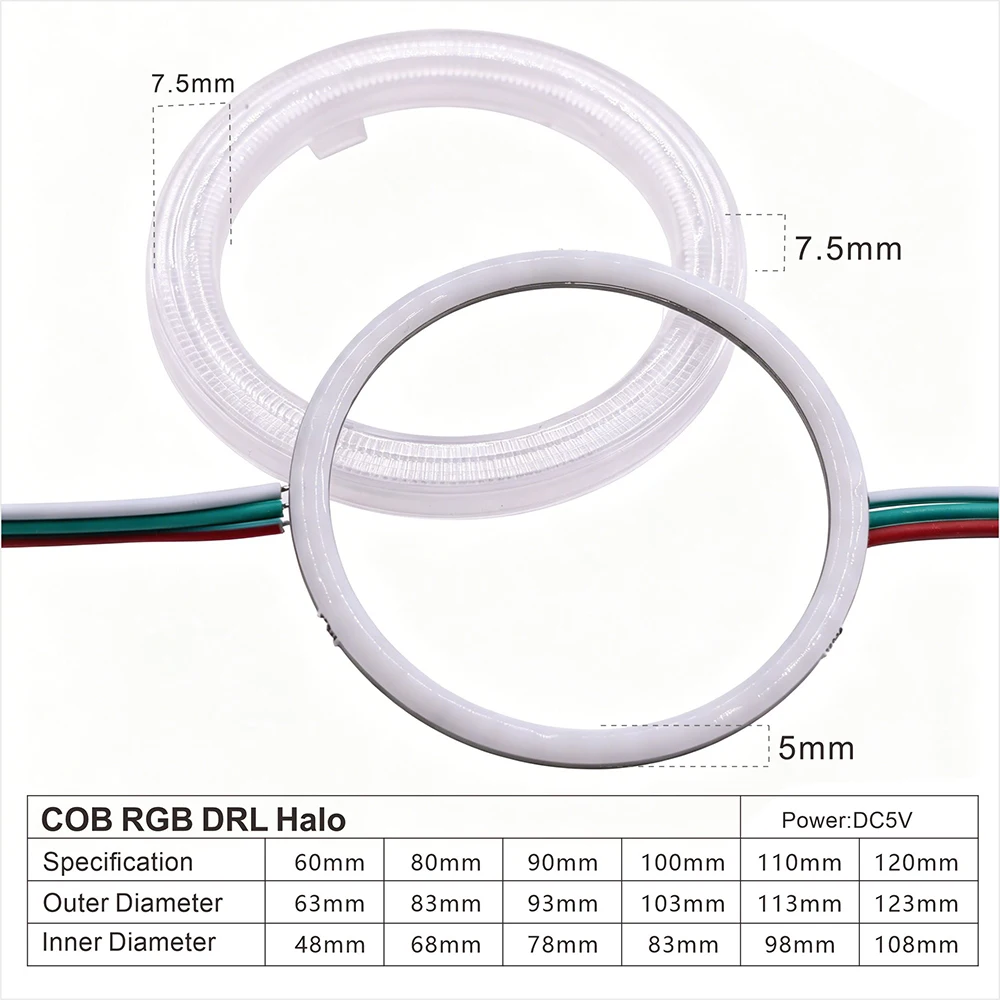 COB RGB DRL 헤일로 링 60-120mm 체이싱 컬러 LED 엔젤 아이즈 (자동차/오토바이용) DC5V 블루투스/WiFi 앱 컨트롤 컬러 COB 엔젤