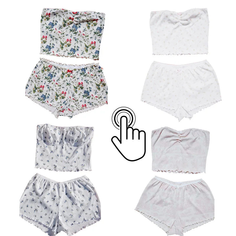Fairy Grunge Lace Trim Strapless Tube Top + Shorts 90s Vintage Chic Women 2 Piece Set Outfits Chest Wrap Backless Crop Top Camis